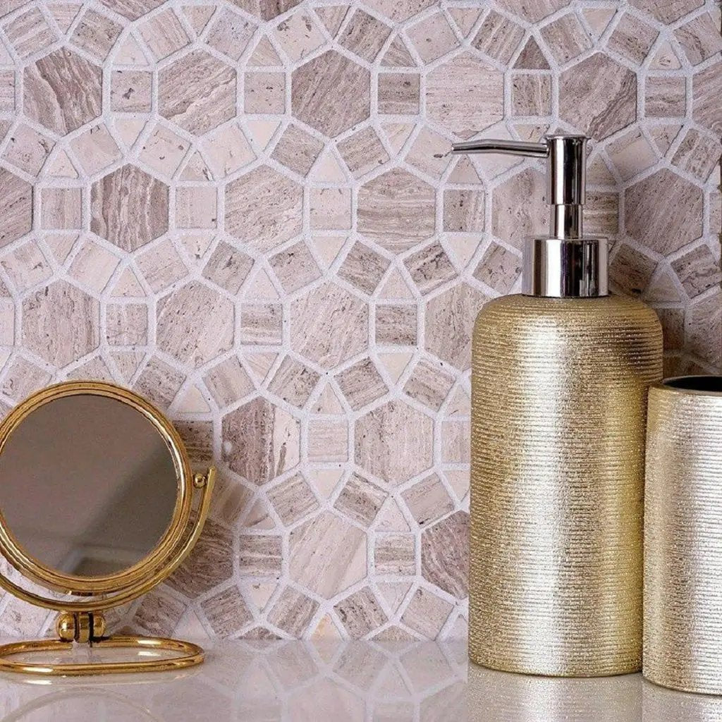 Wooden Beige 11x13 Polished Multi-shaped Marble Mosaic Tile (5 pack, 4.85 sq ft/case) by Apollo Tile