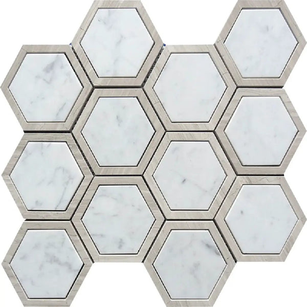 Bianco Carrara, Wooden Grey 12x14 Polished Hexagon Marble Mosaic Tile (5 pack, 5.48 sq ft/case), photo 2 of 2