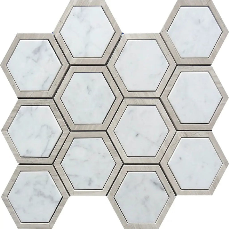 Bianco Carrara, Wooden Grey 12x14 Polished Hexagon Marble Mosaic Tile (5 pack, 5.48 sq ft/case) by Apollo Tile