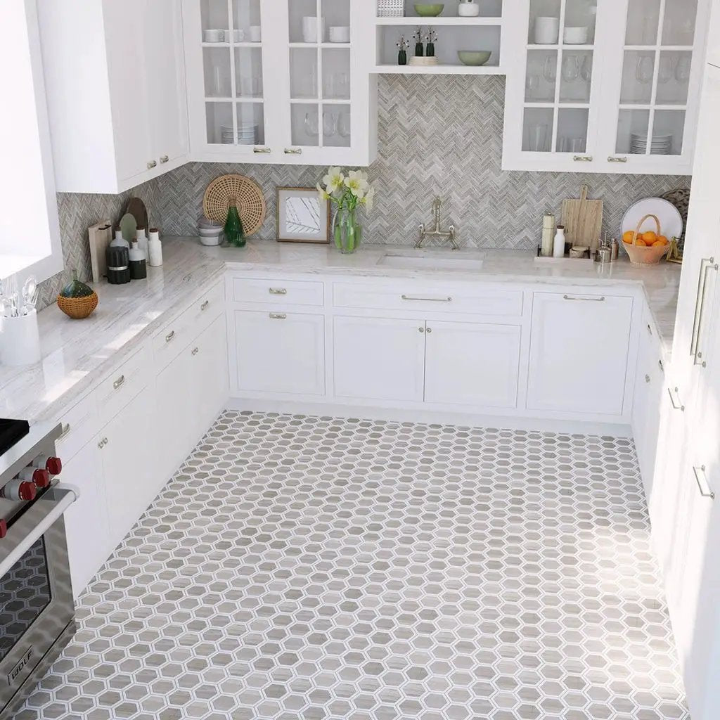 Wooden Grey, Bianco Carrara 12x14 Polished Hexagon Marble Mosaic Tile (5 pack, 5.48 sq ft/case) by Apollo Tile
