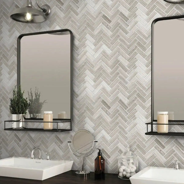 Wooden Grey 12x12 Polished Herringbone Marble Mosaic Tile (5 pack, 5.29 sq ft/case)