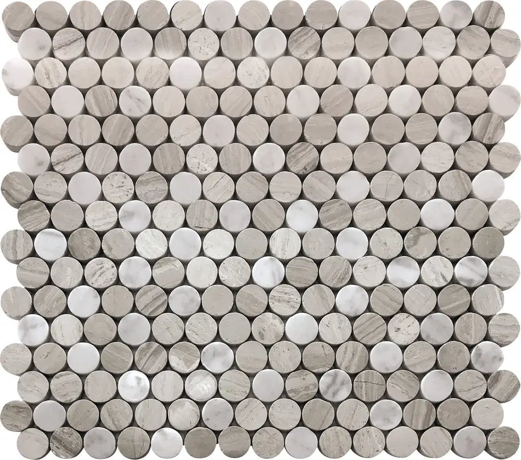Wooden Grey Eastern White 11x12 Polished Penny Round Marble Mosaic Tile (5 pack, 4.83 sq ft/case) by Apollo Tile