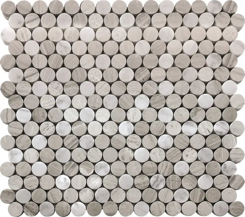 Wooden Grey Eastern White 11x12 Polished Penny Round Marble Mosaic Tile (5 pack, 4.83 sq ft/case) by Apollo Tile