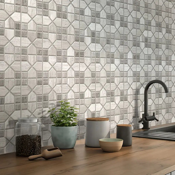 Wooden Beige Light Dark 12x12 Polished Hexagon Marble Mosaic Tile (5 pack, 5 sq ft/case)
