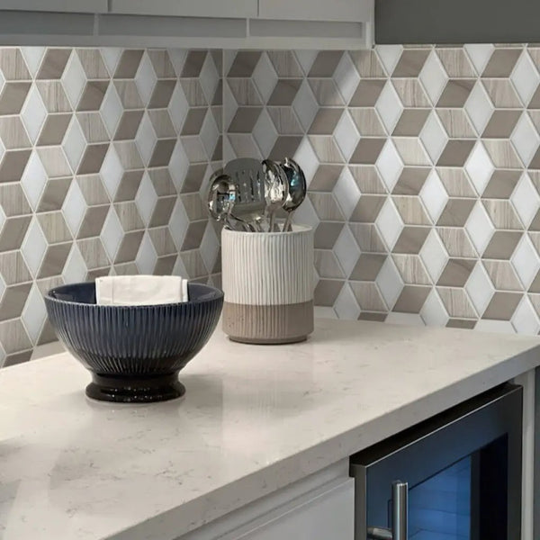 Thassos White Wooden Beige Athens Grey 12x14 Polished Hexagon Marble Mosaic Tile (5 pack, 5.525 sq ft/case)