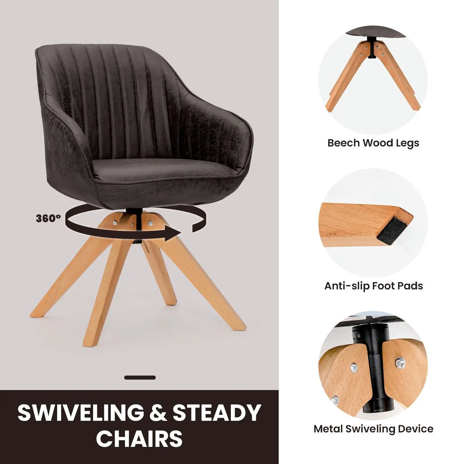 Modern Leathaire Set of 2 Swivel Accent Chair with Beech Wood Legs by DirectDeals