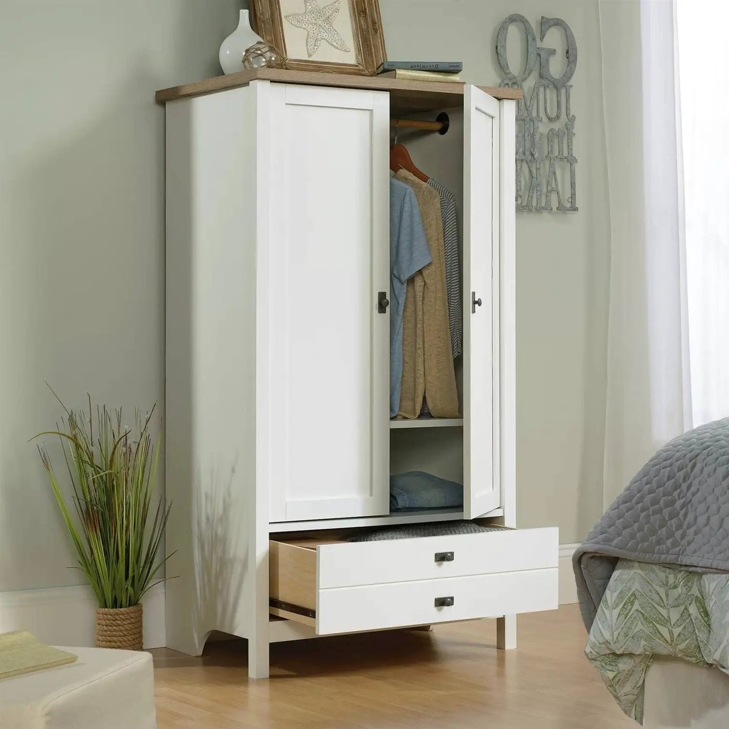 Farmhouse Bedroom Armoire Cabinet w/ Bottom Storage Drawer in White Wood Finish by HomePacific