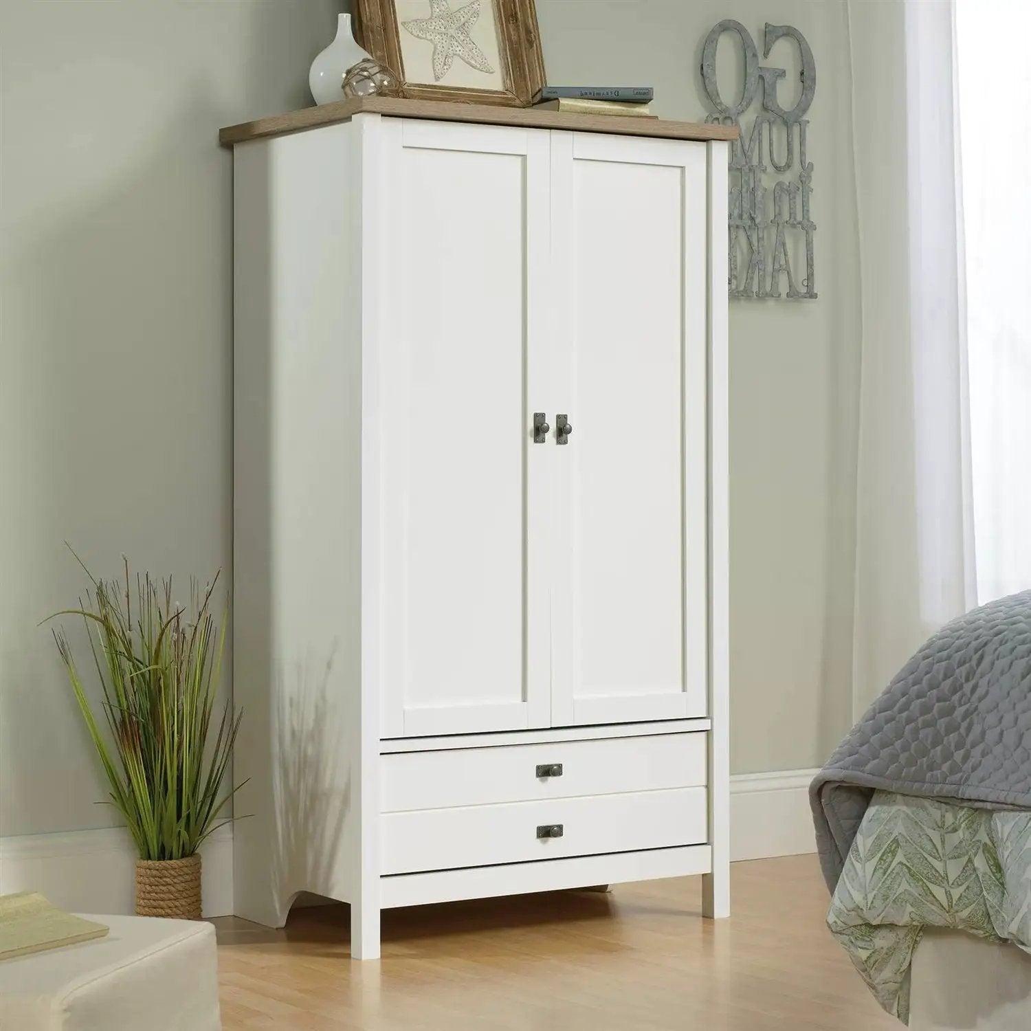 Farmhouse Bedroom Armoire Cabinet w/ Bottom Storage Drawer in White Wood Finish by HomePacific