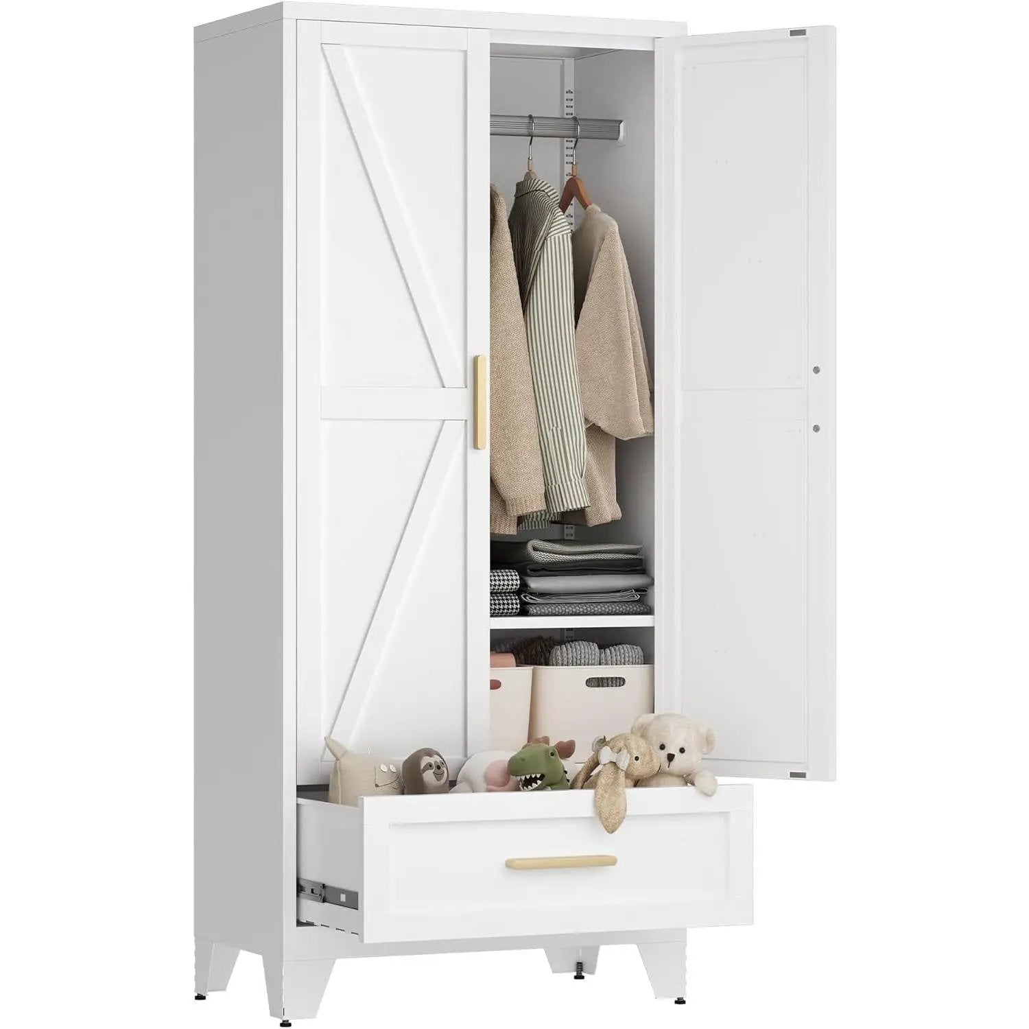 White 2-Door Wardrobe Armoire Cabinet with Storage Drawer and Hanging Rod by HomePacific