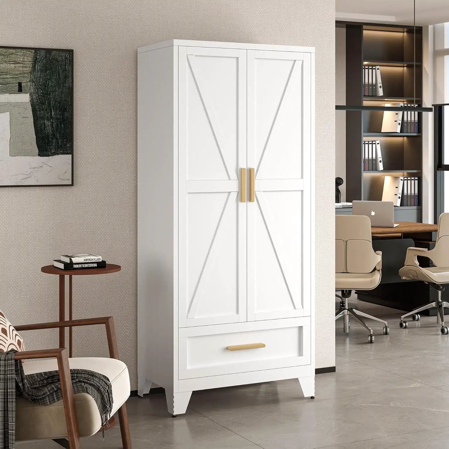 White 2-Door Wardrobe Armoire Cabinet with Storage Drawer and Hanging Rod by HomePacific