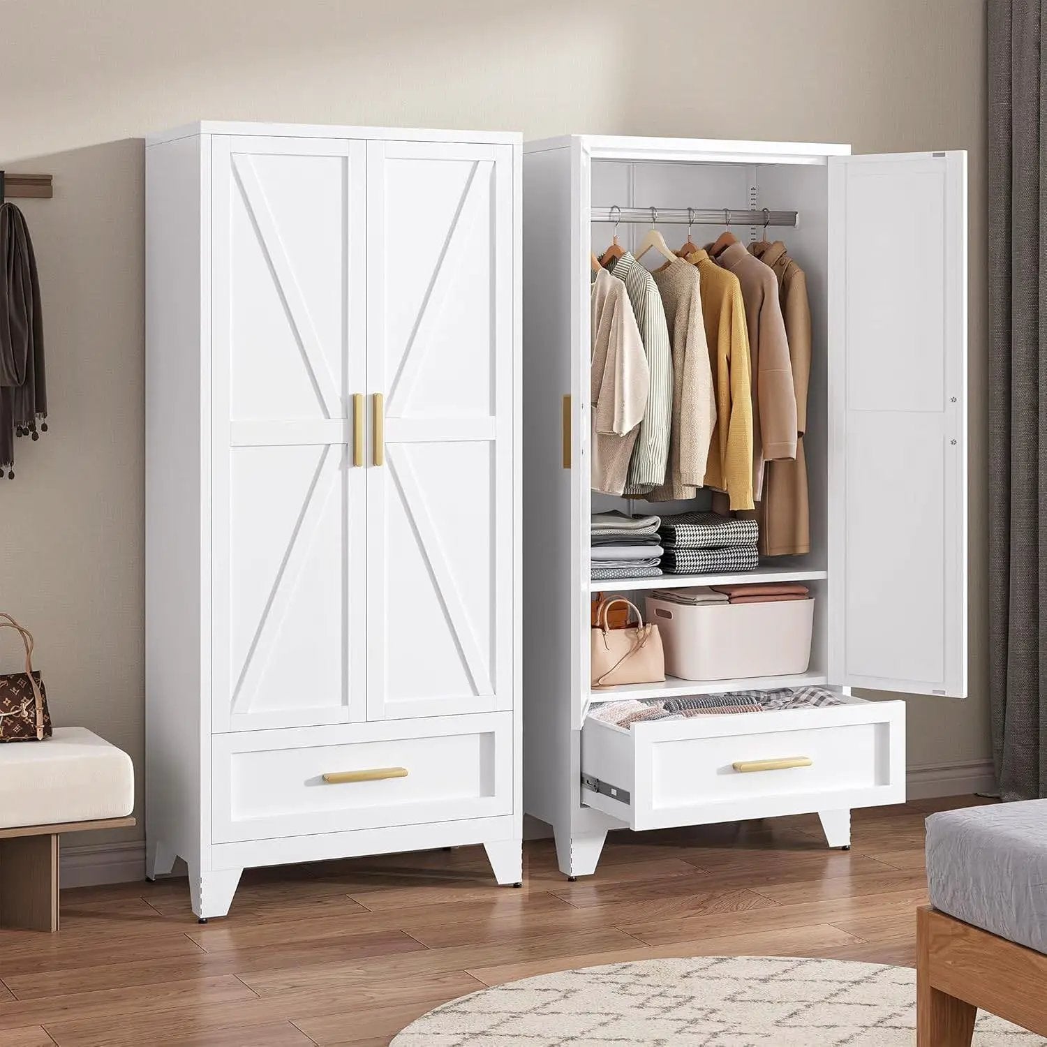 White 2-Door Wardrobe Armoire Cabinet with Storage Drawer and Hanging Rod by HomePacific