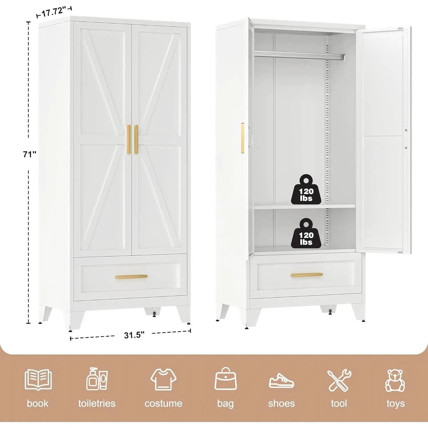 White 2-Door Wardrobe Armoire Cabinet with Storage Drawer and Hanging Rod by HomePacific