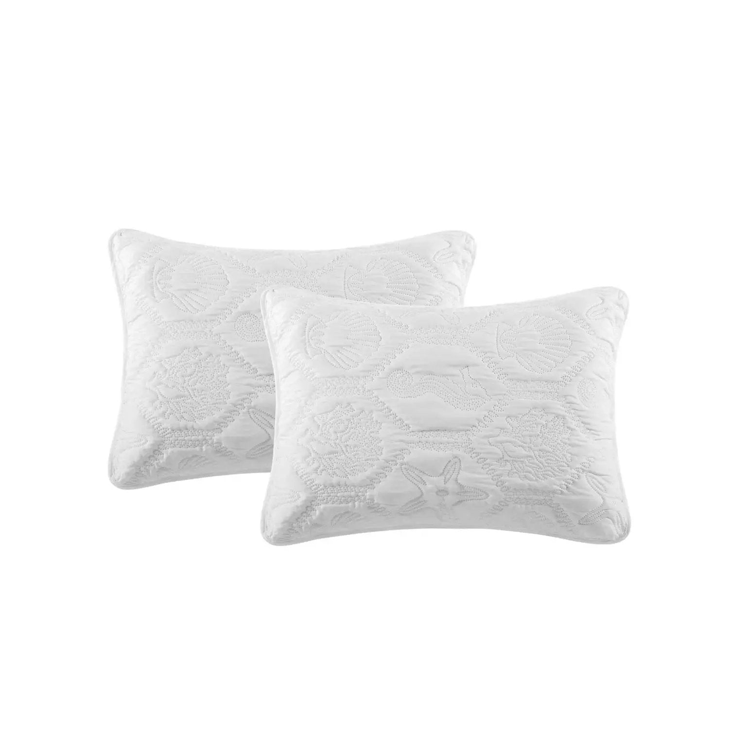 Queen size Coastal Beach Seashells Starfish Sea Horse White 3-Piece Quilt Set by HomePacific