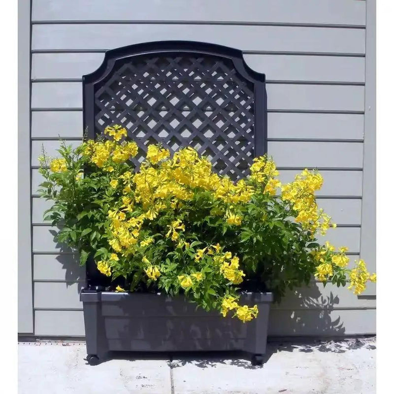Outdoor Self-Watering Garden Planter with Trellis and Wheels in Grey Plastic by HomePacific