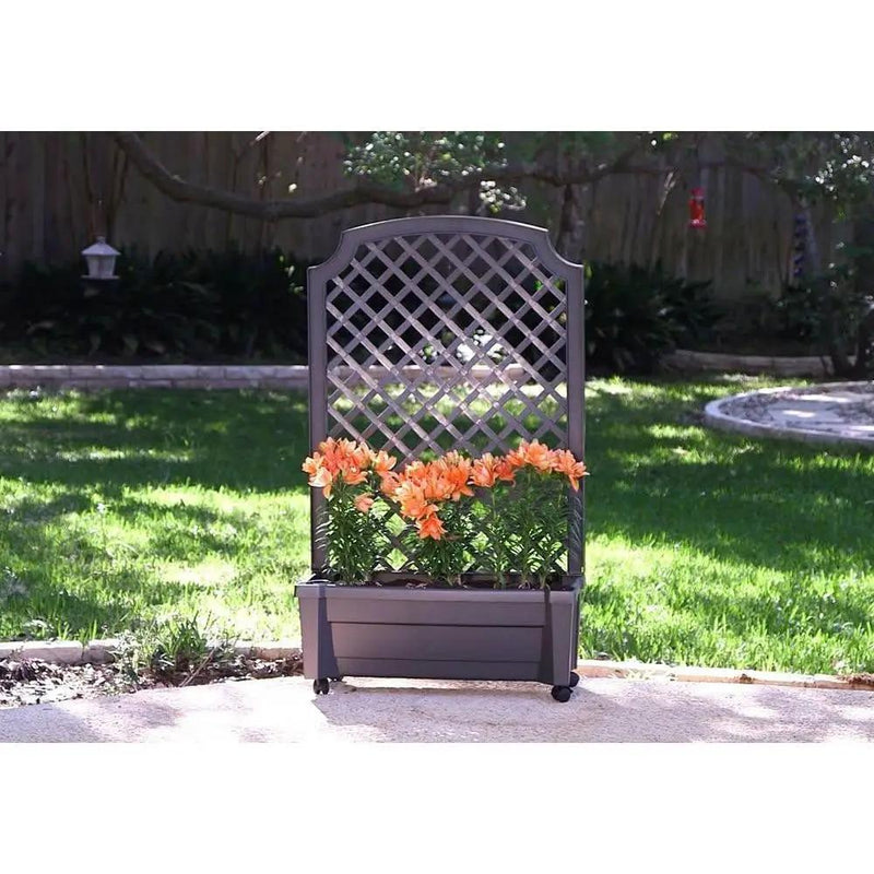 Outdoor Self-Watering Garden Planter with Trellis and Wheels in Grey Plastic by HomePacific