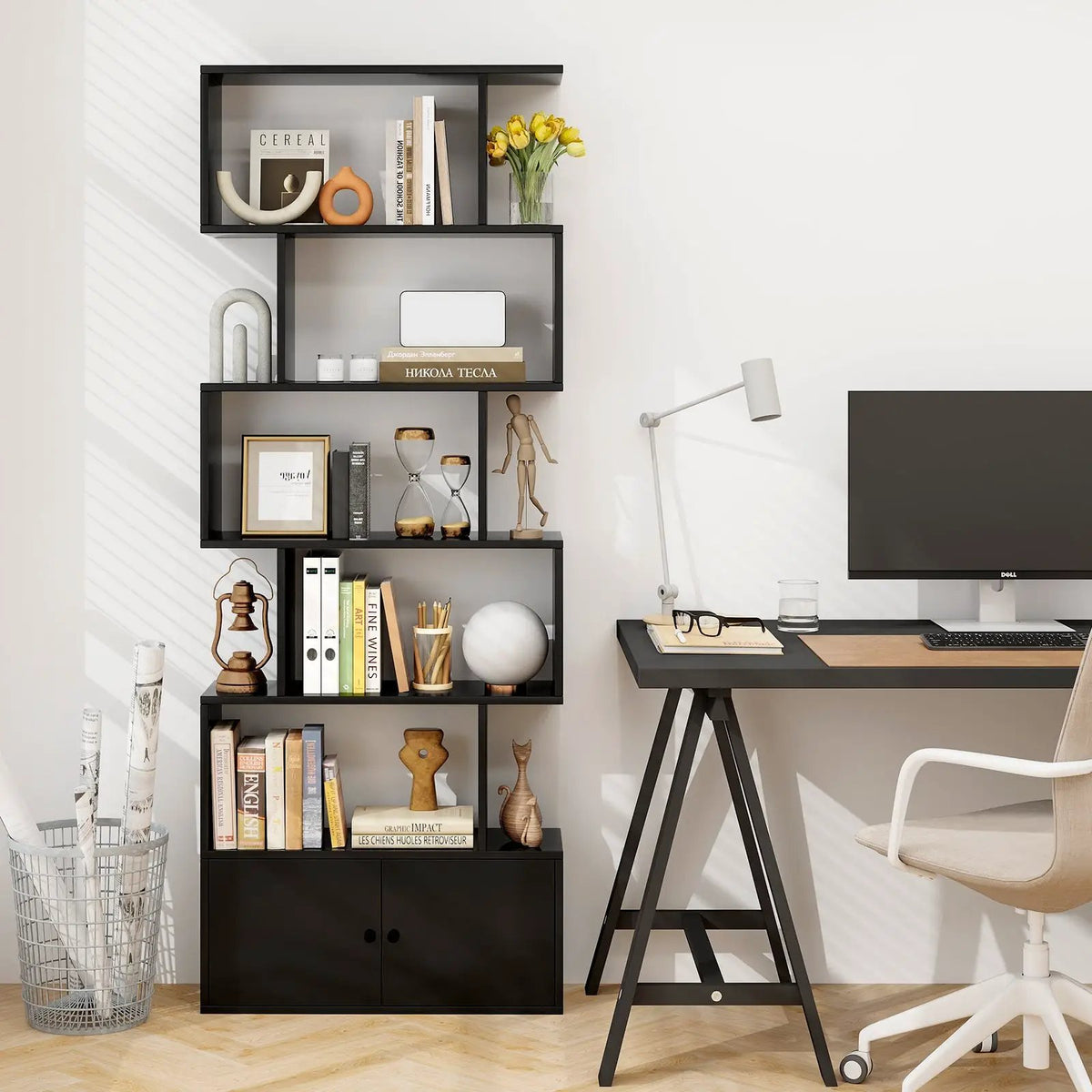 6-Tier S-Shaped Freestanding Bookshelf with Cabinet and Doors by DirectDeals