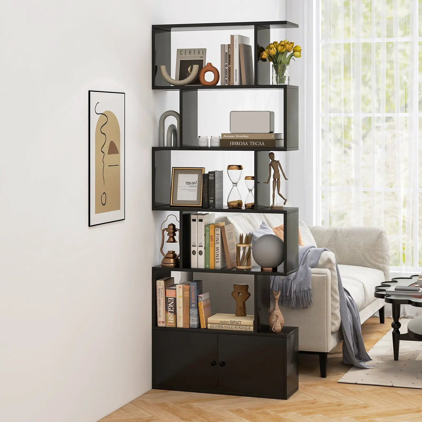 6-Tier S-Shaped Freestanding Bookshelf with Cabinet and Doors by DirectDeals