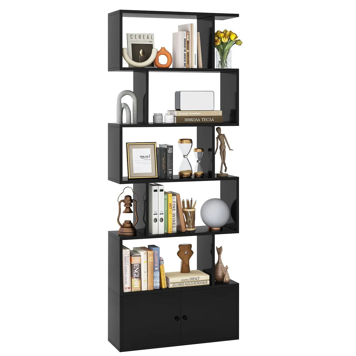 6-Tier S-Shaped Freestanding Bookshelf with Cabinet and Doors by DirectDeals