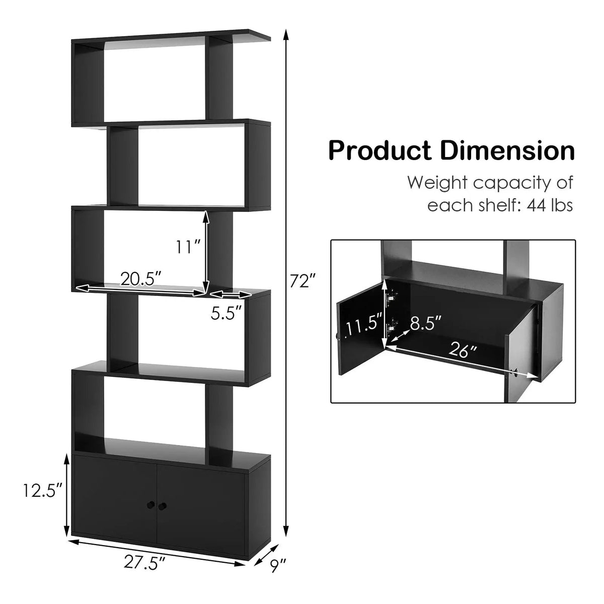 6-Tier S-Shaped Freestanding Bookshelf with Cabinet and Doors by DirectDeals