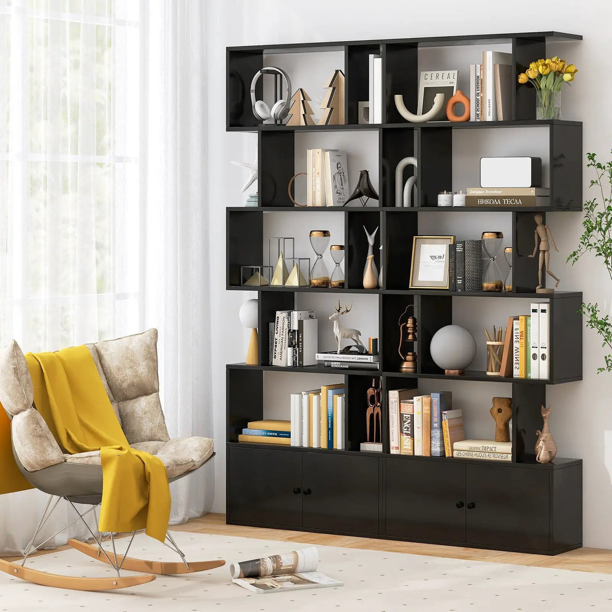 6-Tier S-Shaped Freestanding Bookshelf with Cabinet and Doors by DirectDeals