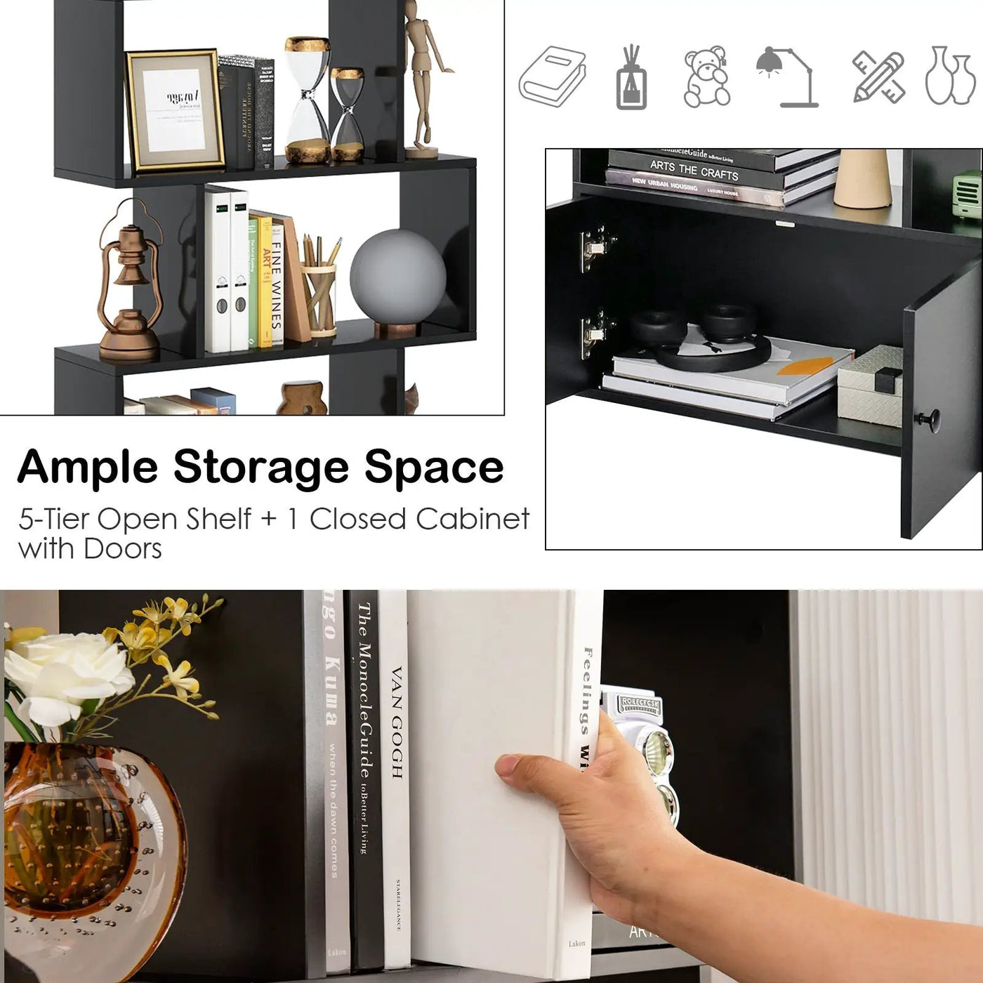 6-Tier S-Shaped Freestanding Bookshelf with Cabinet and Doors by DirectDeals