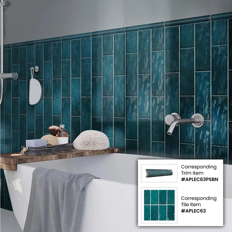 Teal Green 1x8 Glossy Ceramic Bullnose Tile Trim (10 pack, 0.556 sq ft/case) by Apollo Tile