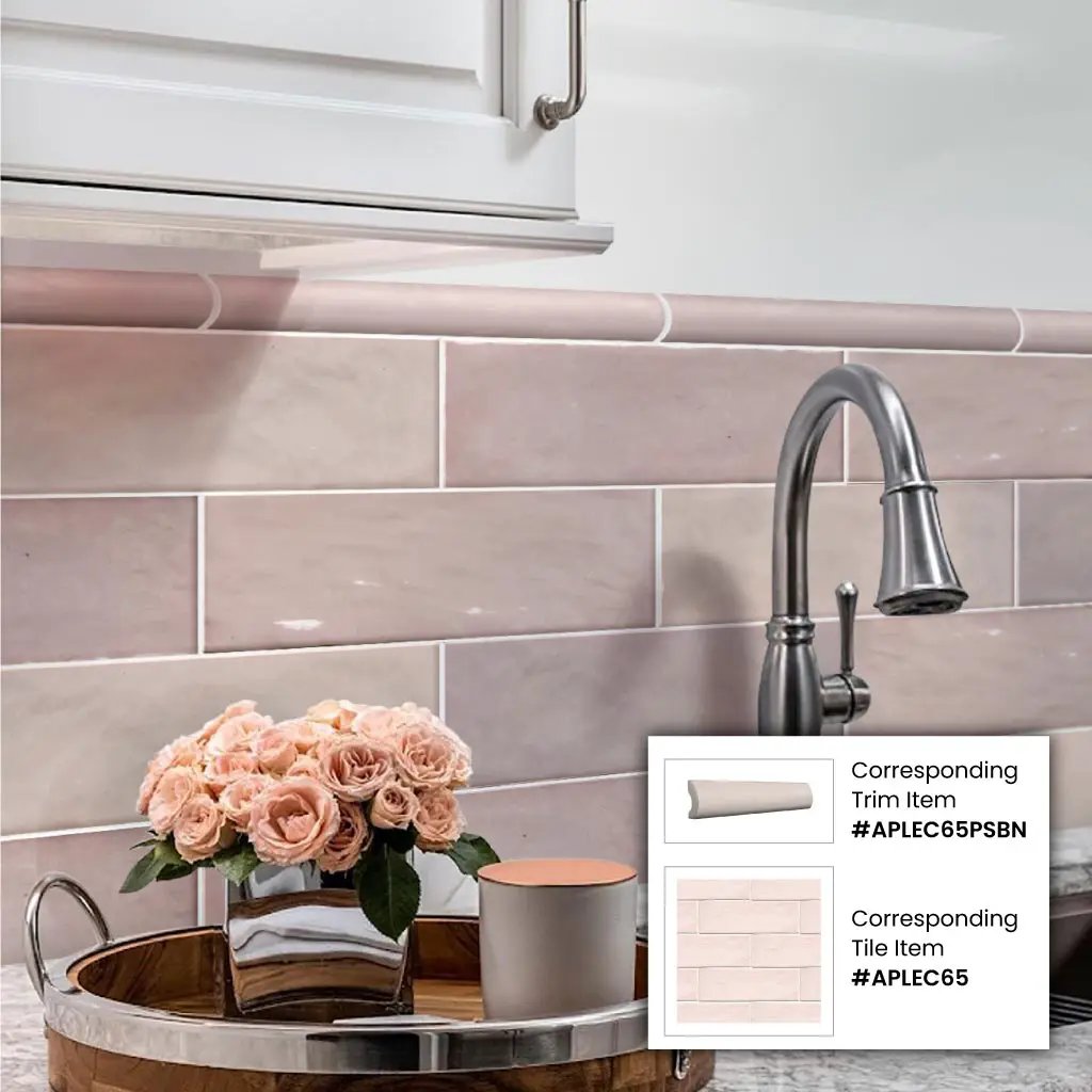 Soft Pink 1x8 Glossy Ceramic Bullnose Tile Trim (10 pack, 0.556 sq ft/case) by Apollo Tile