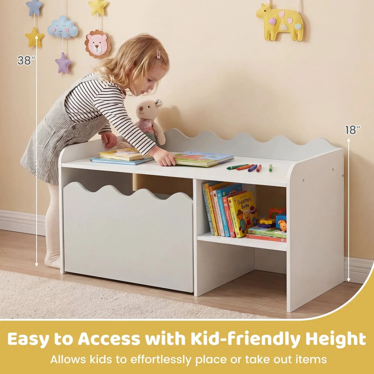 Scalloped Kids Bookshelf and Toy Storage Organizer for Playroom by DirectDeals