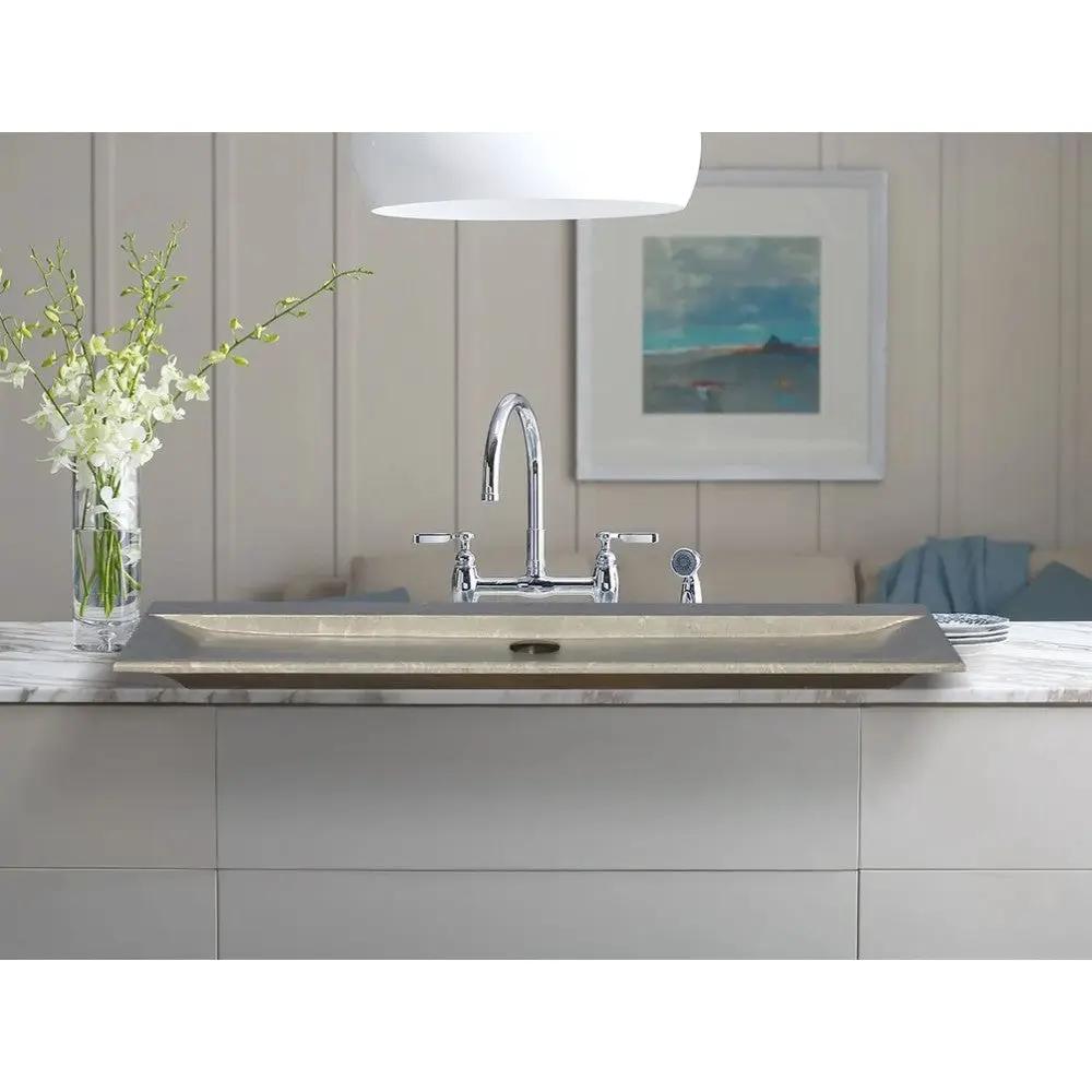 Seagrass Fossil Limestone Rectangular Vessel Sink - Honed Finish 16x48x2.5 Inches by GobekDesign