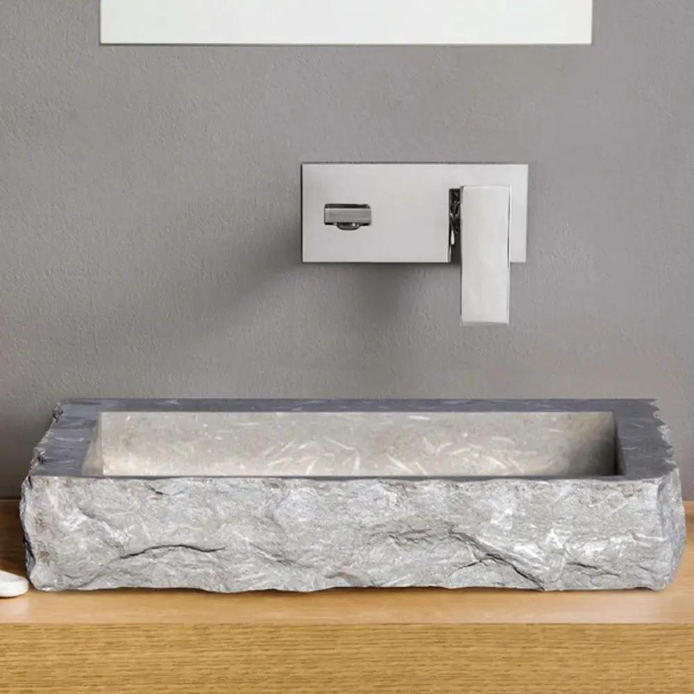 Turkish Seagrass Limestone Vessel Sink Honed Interior Hand Chiseled Exterior 18x21x4 by GobekDesign