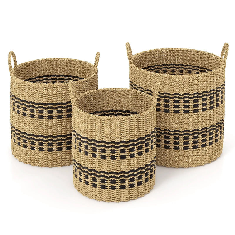 Seagrass Basket Set of 3 Stackable Storage Bins with Handles Woven Round Basket by DirectDeals