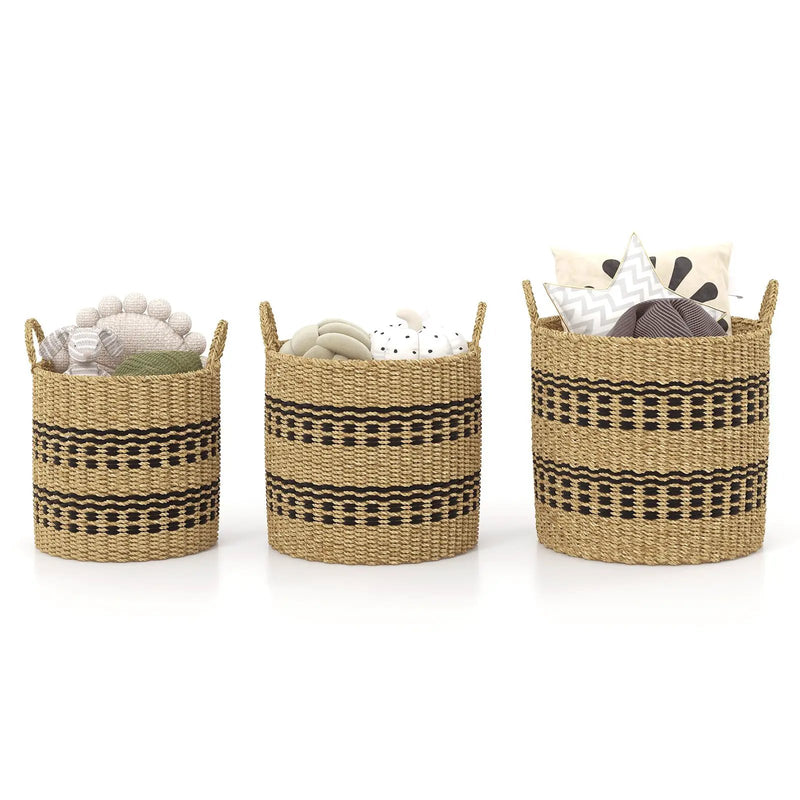 Seagrass Basket Set of 3 Stackable Storage Bins with Handles Woven Round Basket by DirectDeals