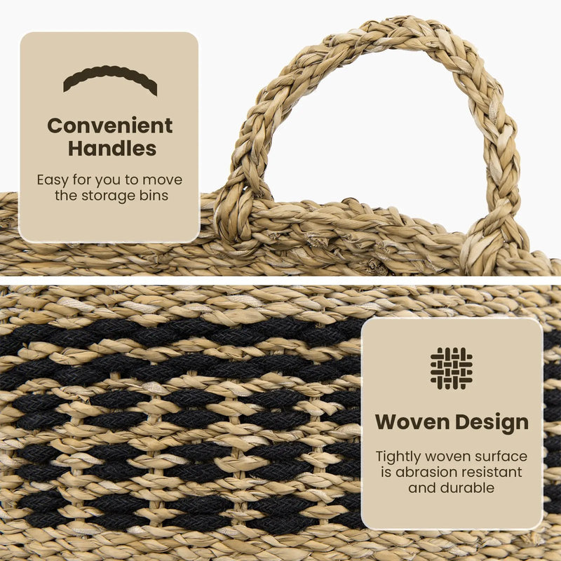 Seagrass Basket Set of 3 Stackable Storage Bins with Handles Woven Round Basket by DirectDeals