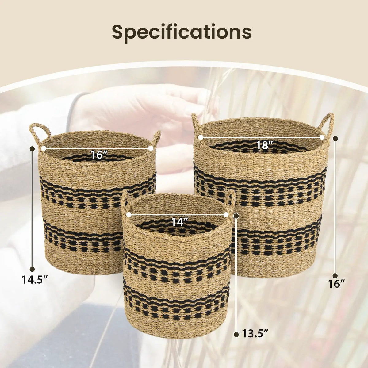 Seagrass Basket Set of 3 Stackable Storage Bins with Handles Woven Round Basket by DirectDeals