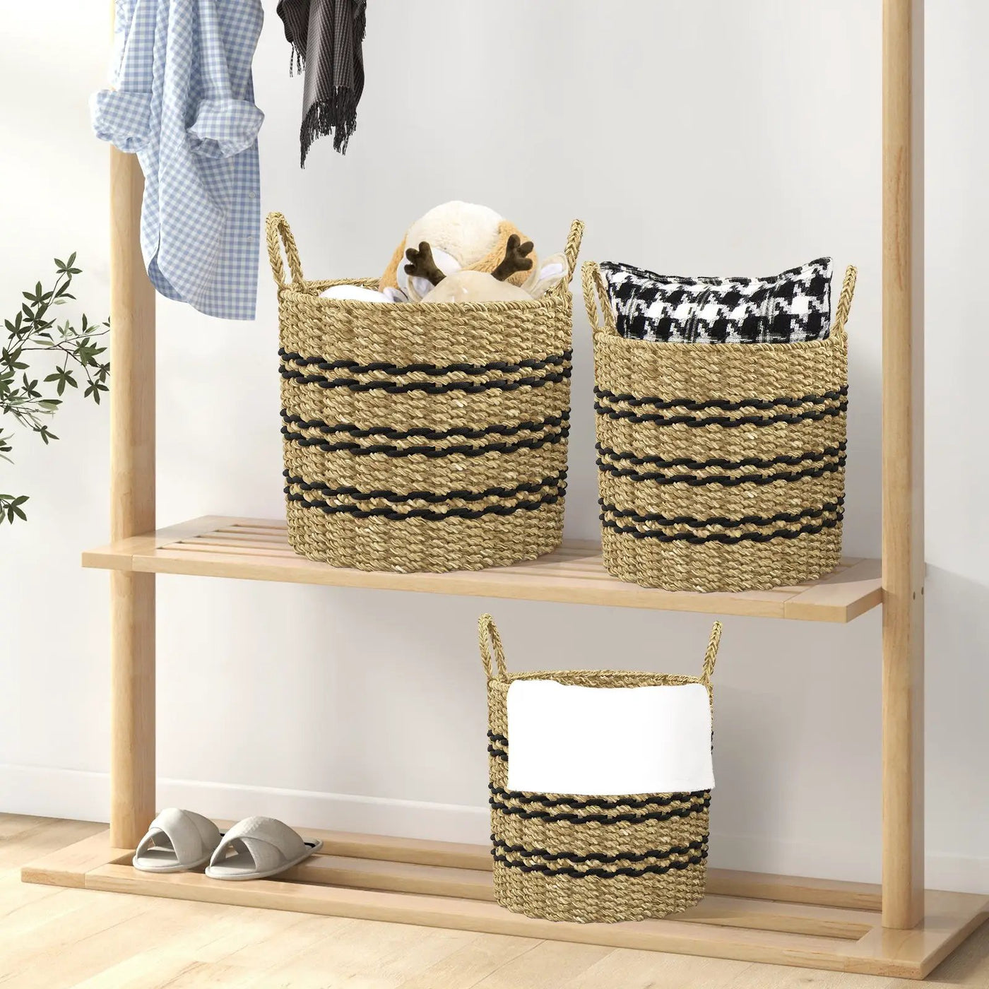 Seagrass Basket Set of 3 Stackable Storage Bins with Handles Woven Round Basket by DirectDeals