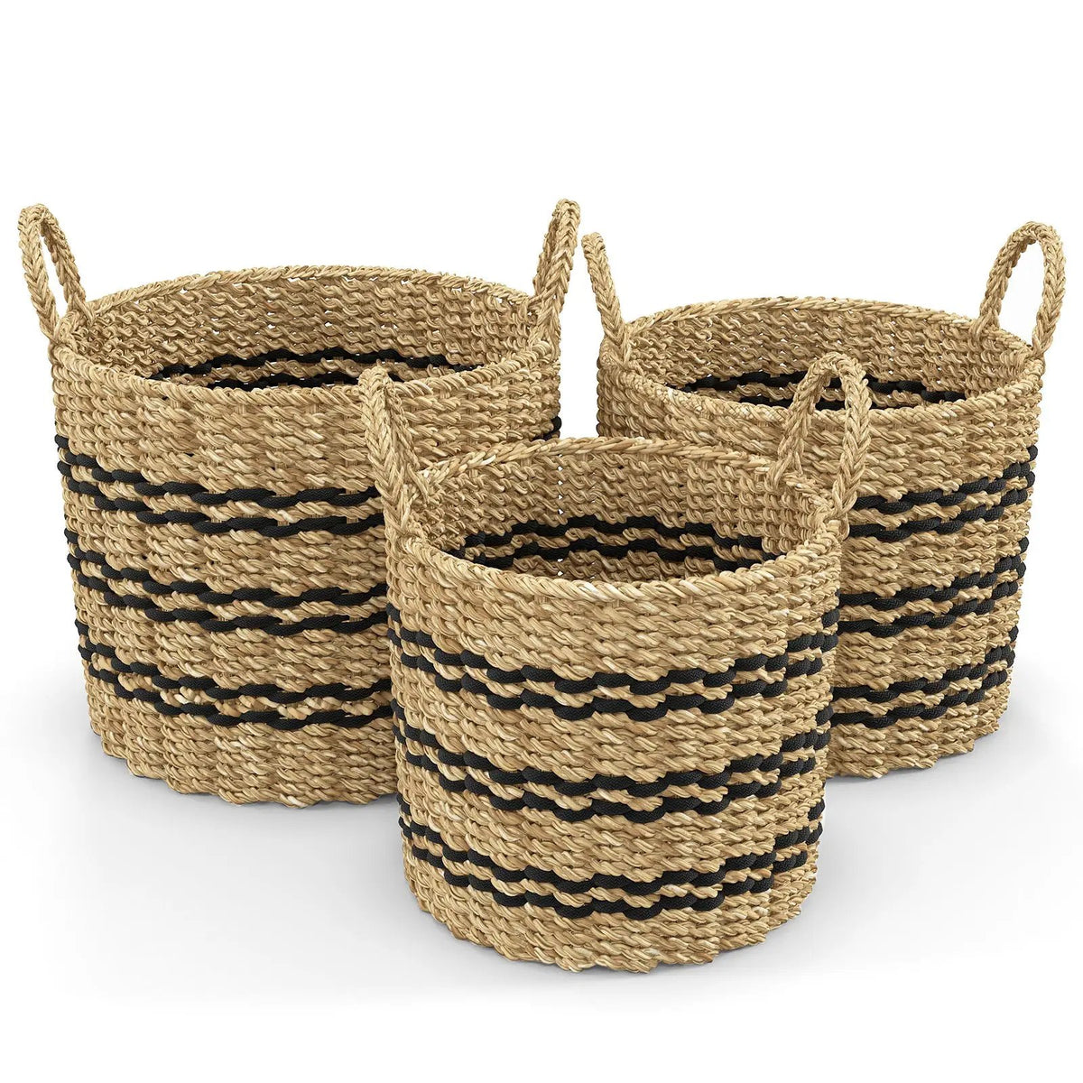 Seagrass Basket Set of 3 Stackable Storage Bins with Handles Woven Round Basket by DirectDeals