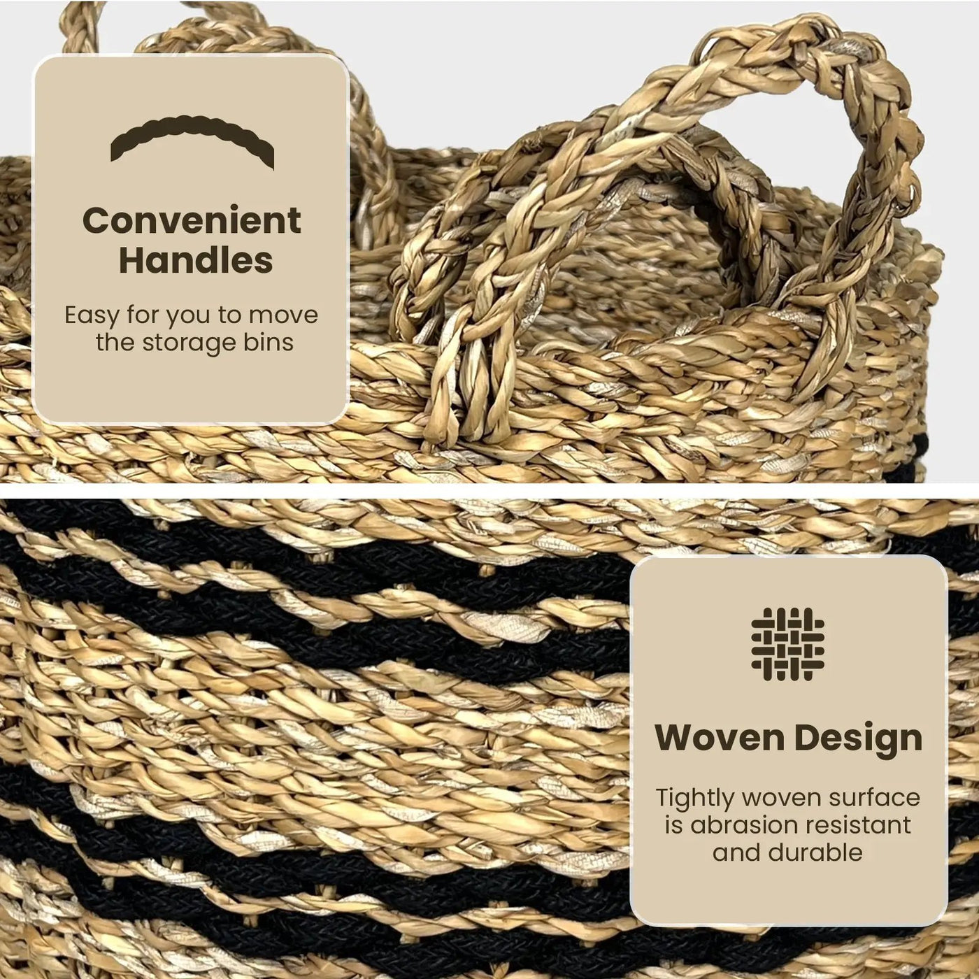 Seagrass Basket Set of 3 Stackable Storage Bins with Handles Woven Round Basket by DirectDeals
