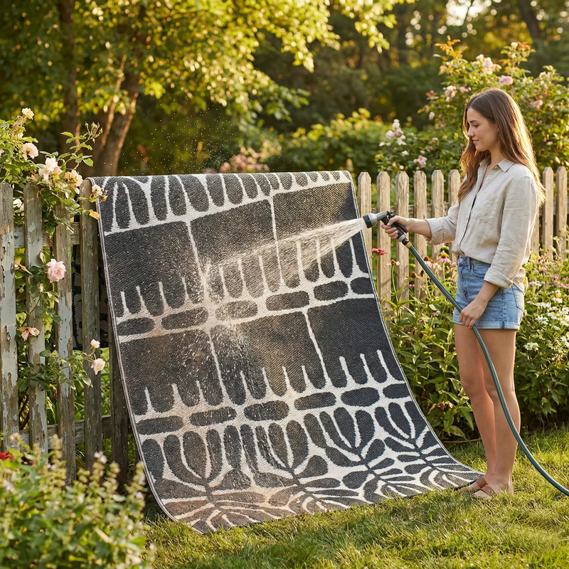 Serowe - Black & White Outdoor Rug for Patio by Fab Habitat