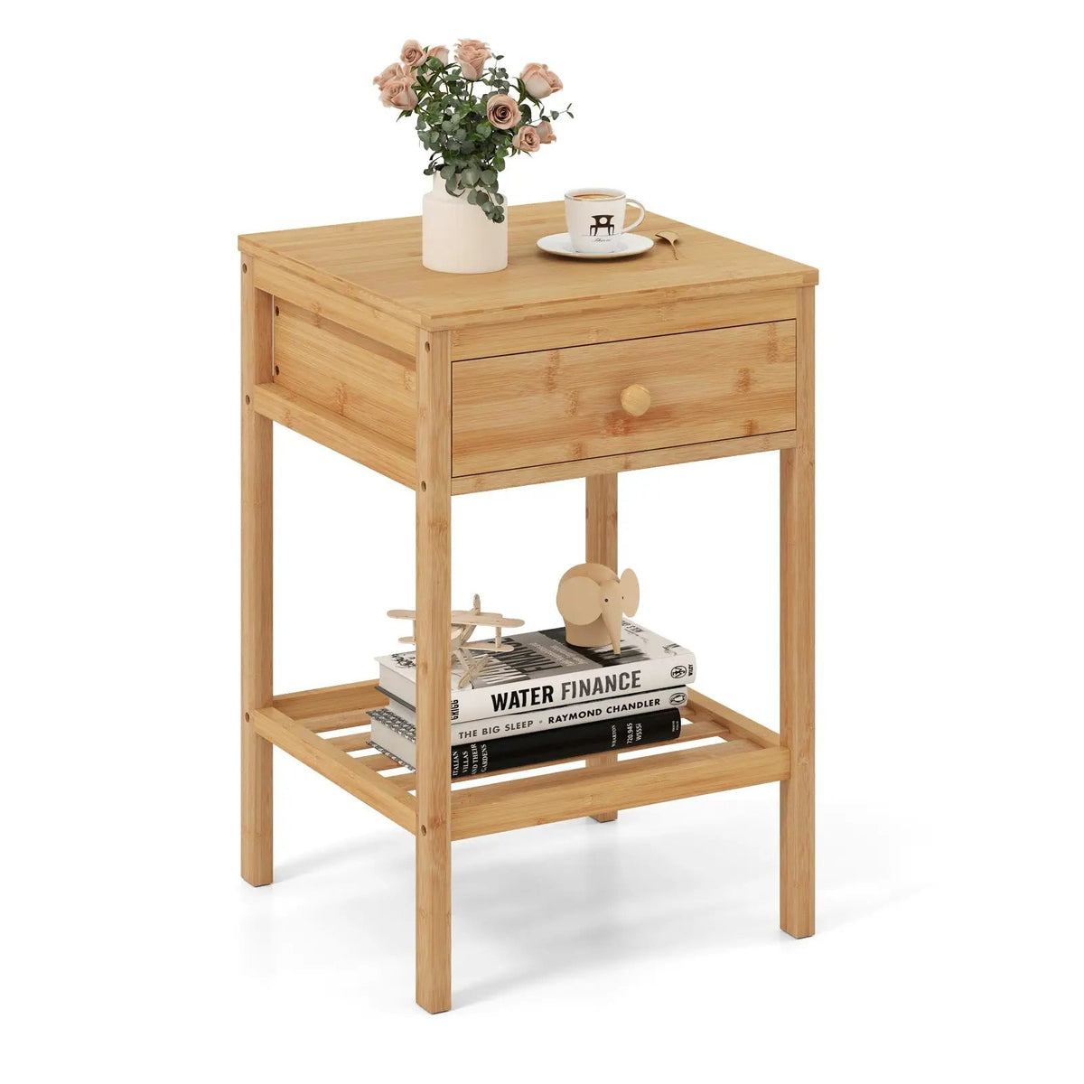Set of 1/2 Bamboo Nightstand Bedside Table with Storage Drawer and Open Shelf by DirectDeals