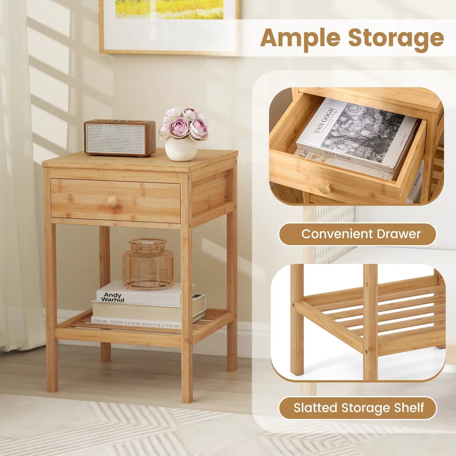 Set of 1/2 Bamboo Nightstand Bedside Table with Storage Drawer and Open Shelf by DirectDeals