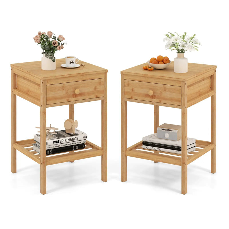 Set of 1/2 Bamboo Nightstand Bedside Table with Storage Drawer and Open Shelf by DirectDeals