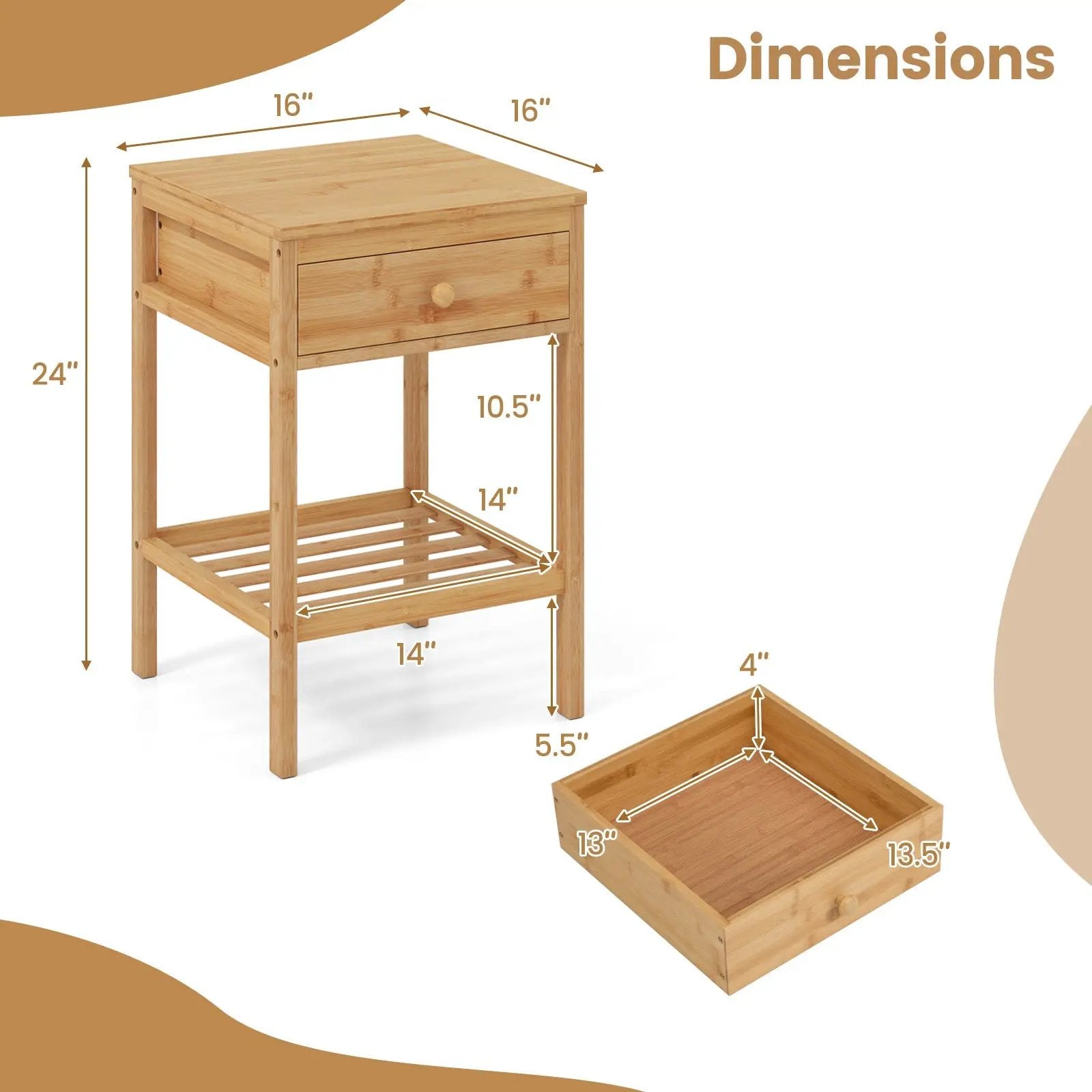 Set of 1/2 Bamboo Nightstand Bedside Table with Storage Drawer and Open Shelf by DirectDeals
