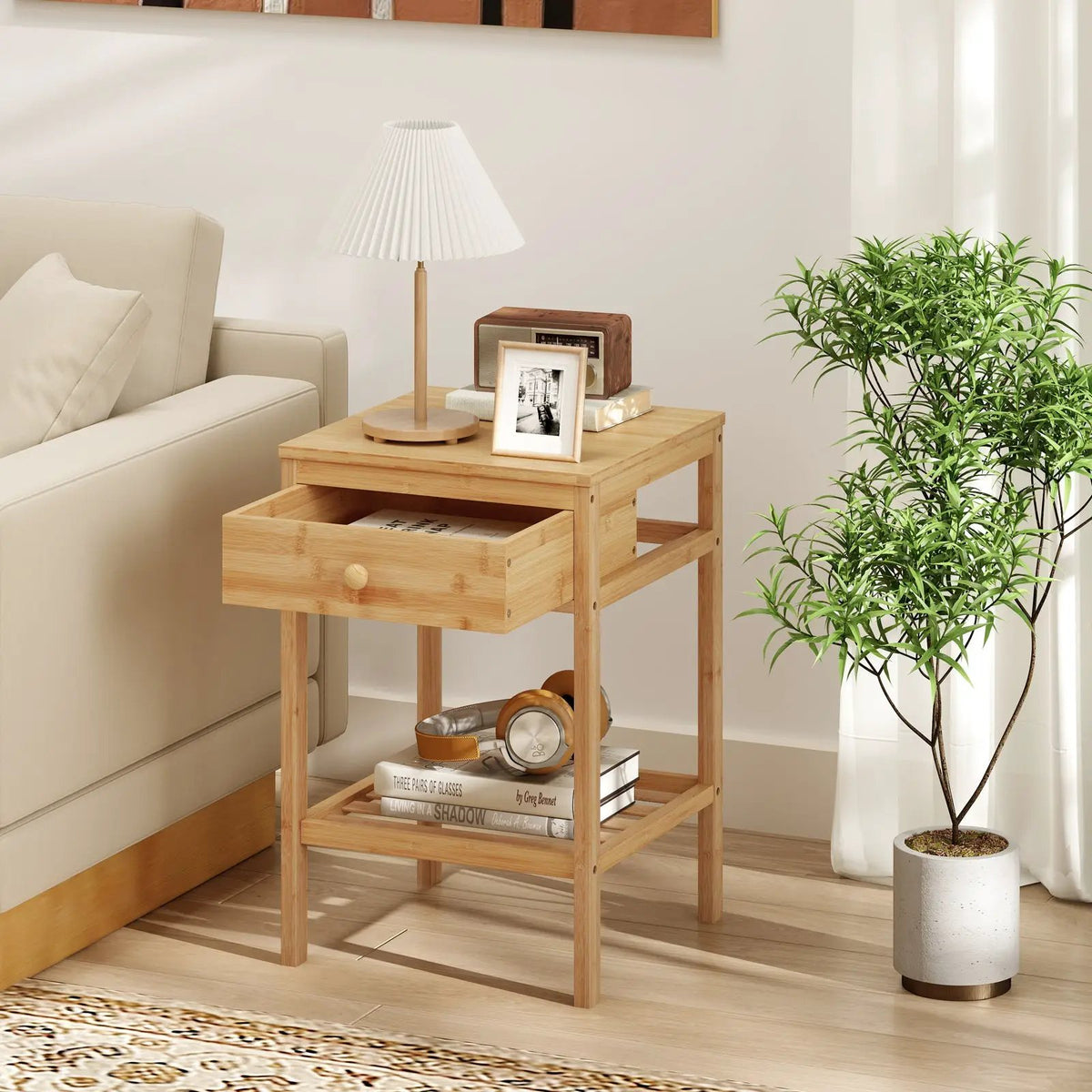 Set of 1/2 Bamboo Nightstand Bedside Table with Storage Drawer and Open Shelf by DirectDeals