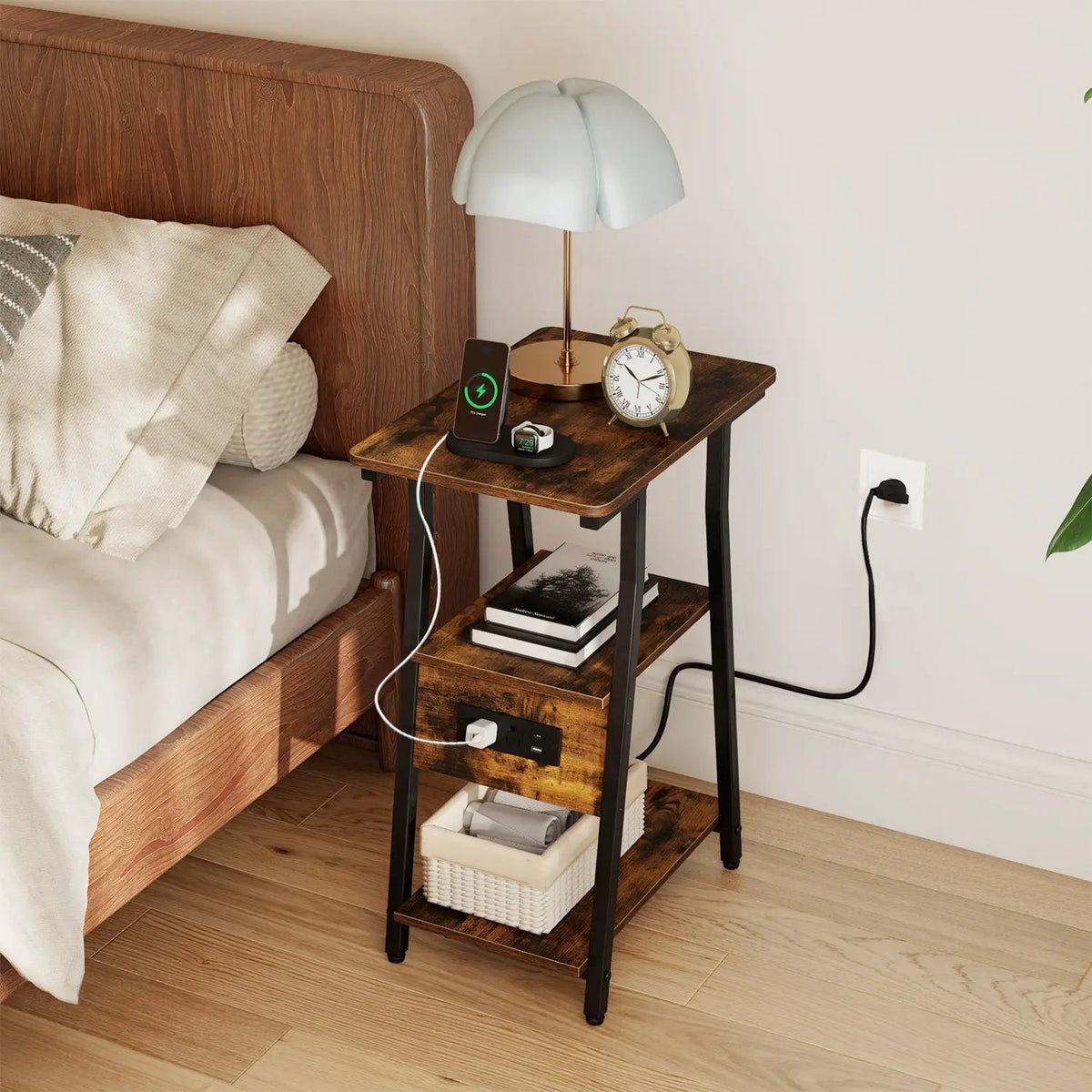Industrial Side Table with Charging Station & 3-Tier Shelves by DirectDeals