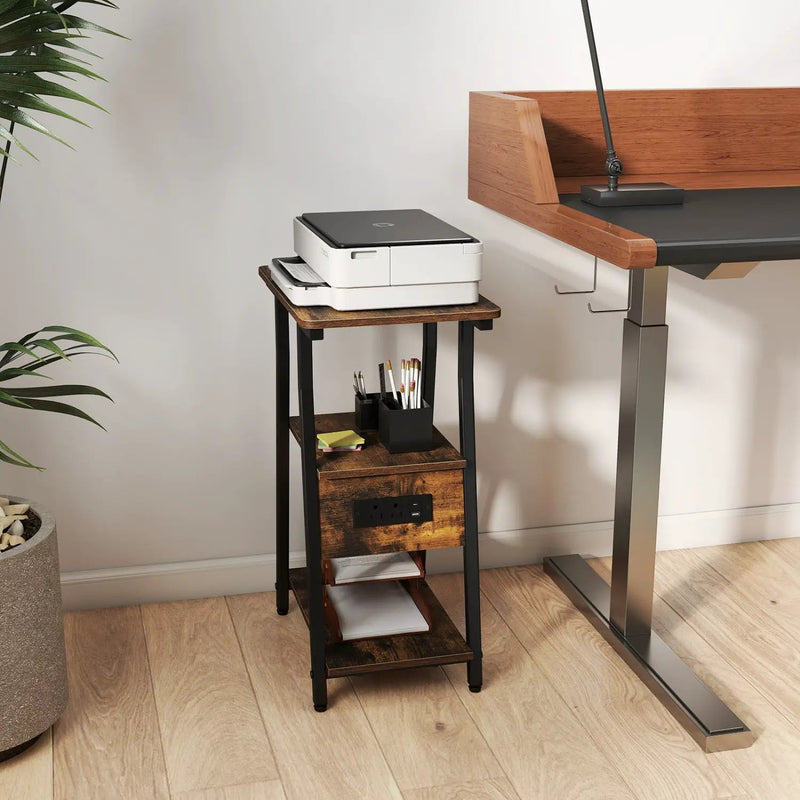 Industrial Side Table with Charging Station & 3-Tier Shelves by DirectDeals