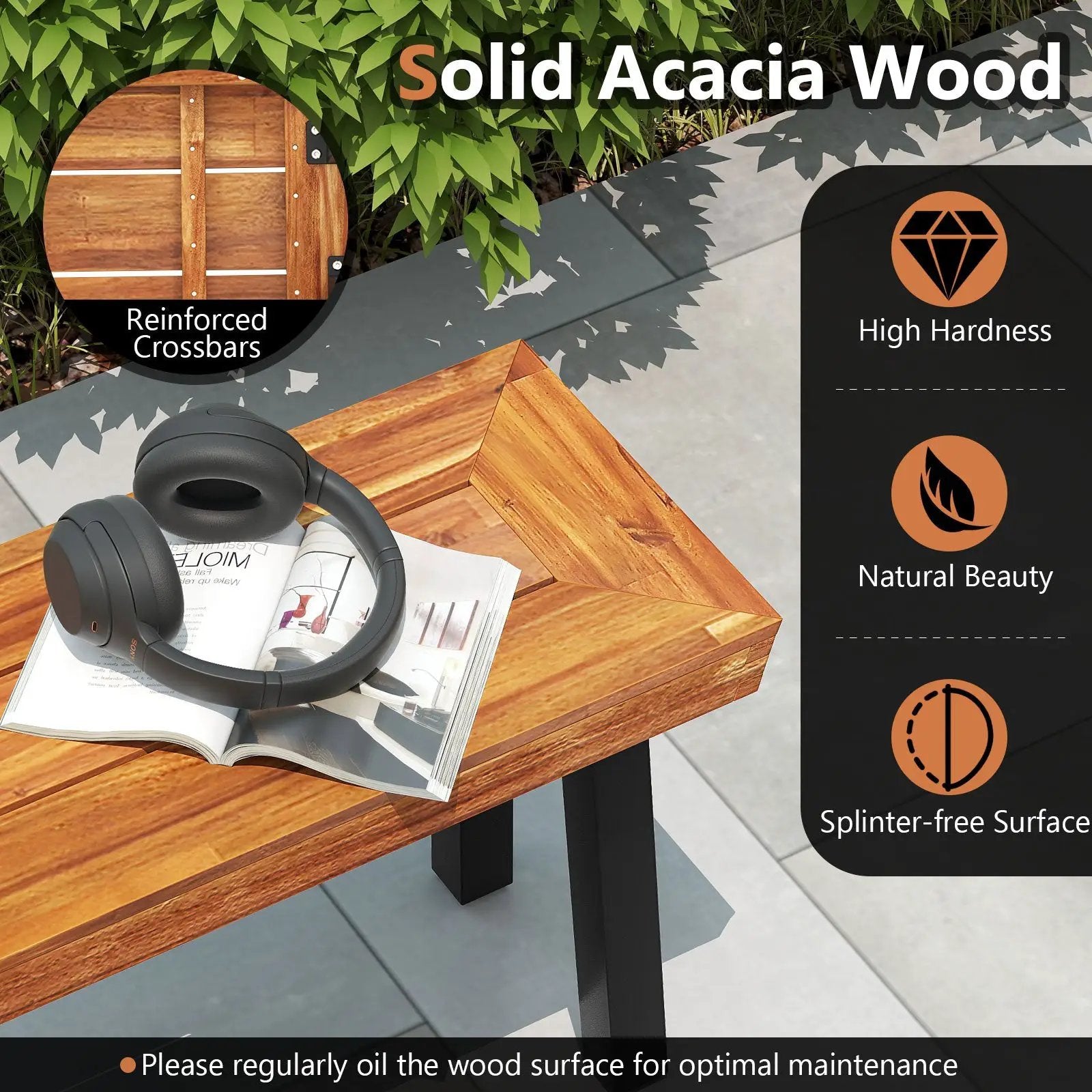 Set of 1 Outdoor Acacia Wood Benches 2-3 People Backless Garden Front Benches with Metal Frame-1 Piece by DirectDeals