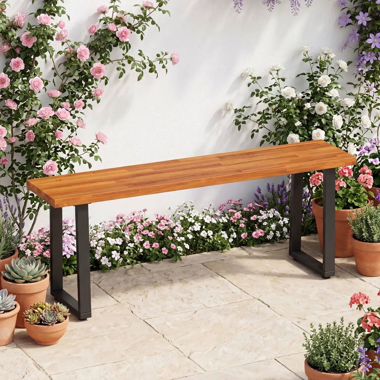 47.5" Acacia Wood Patio Bench with Metal Legs by DirectDeals