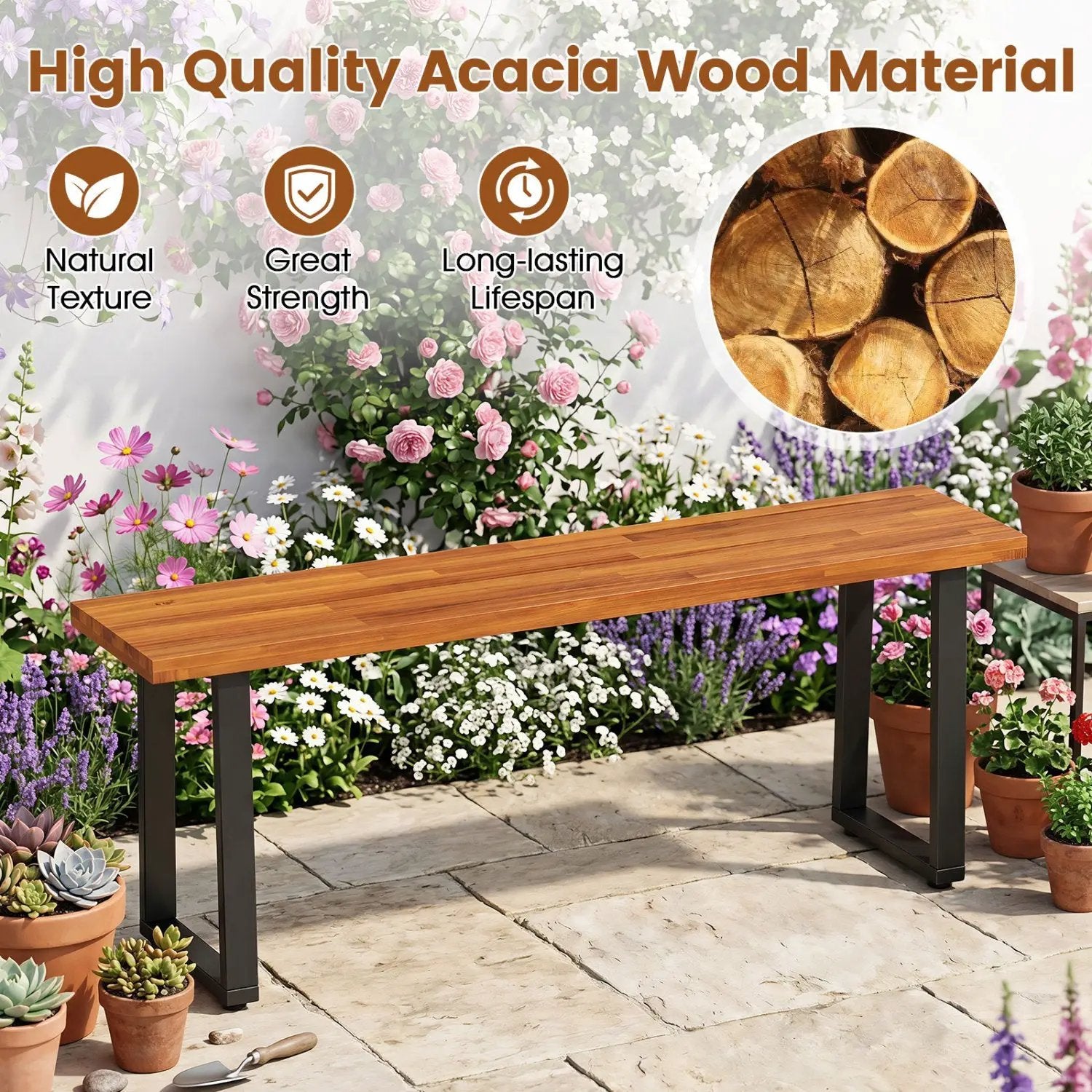 47.5" Acacia Wood Patio Bench with Metal Legs by DirectDeals