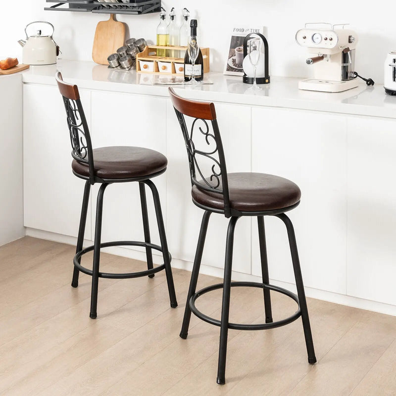 2 Pieces 24-30 Inch Adjustable PU Cushioned Swivel Barstools-Brown by DirectDeals