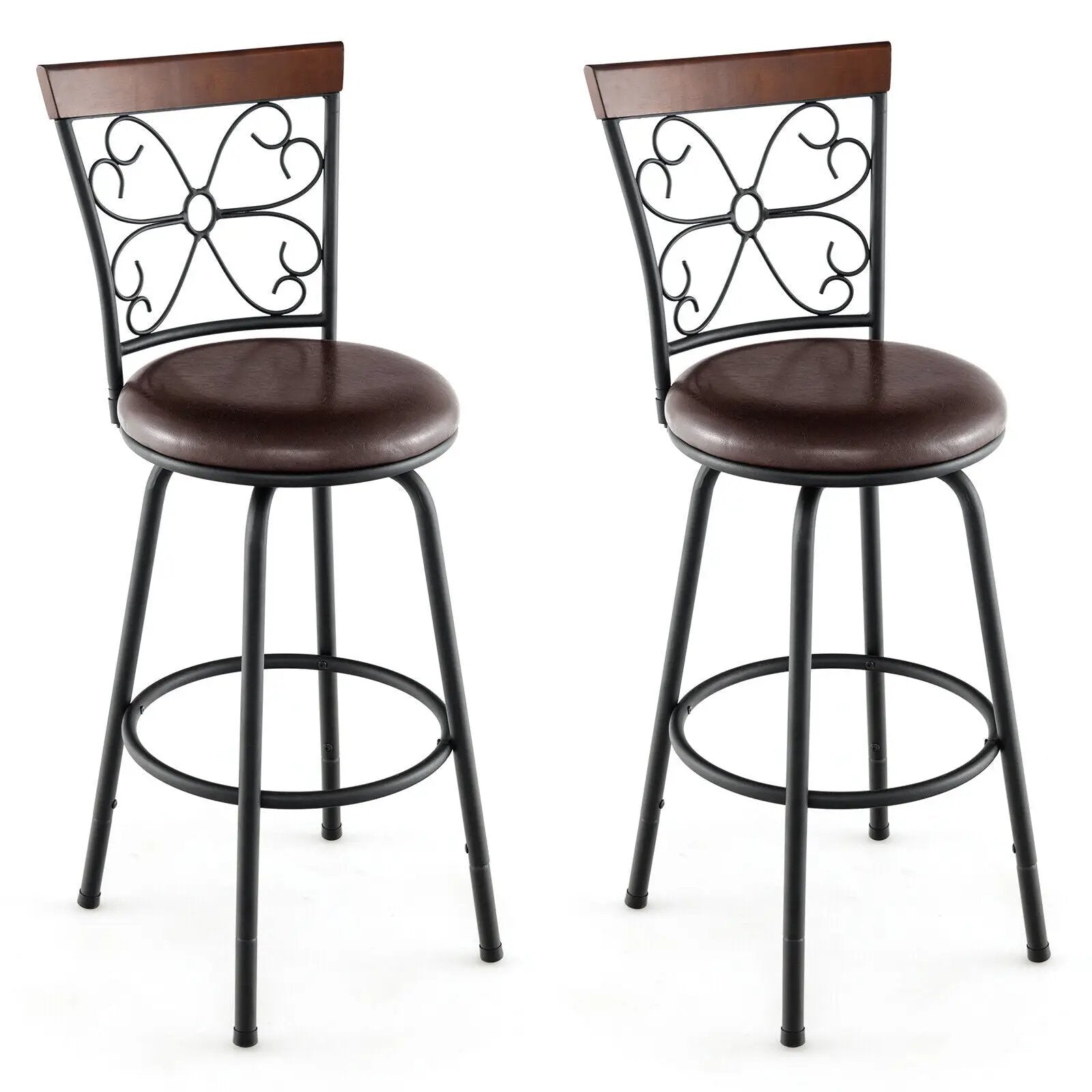 2 Pieces 24-30 Inch Adjustable PU Cushioned Swivel Barstools-Brown by DirectDeals